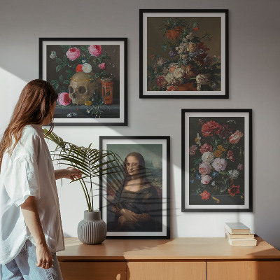 Zestaw 4 obrazów w ramie Vintage kwiaty czaszka Mona Lisa