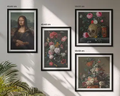 Zestaw 4 obrazów w ramie z motywem vintage kwiatów, czaszki i Mony Lisy
