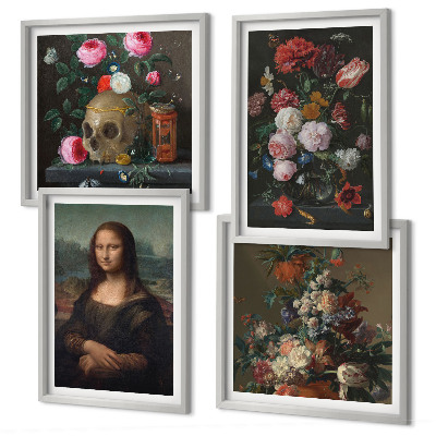 Zestaw 4 obrazów w ramie Vintage kwiaty czaszka Mona Lisa