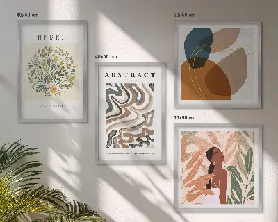 Poliptyk w ramie z estetycznymi pastelowymi posterami w stylu boho