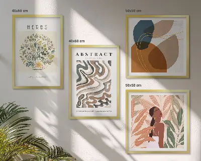 Poliptyk w ramie z estetycznymi pastelowymi posterami w stylu boho