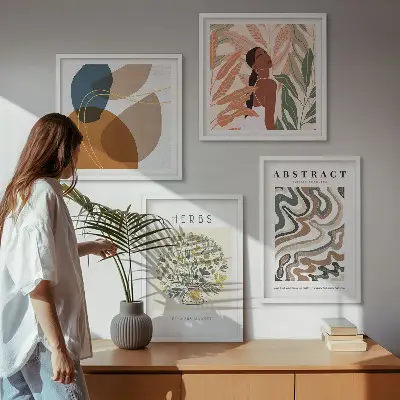 Poliptyk w ramie z estetycznymi pastelowymi posterami w stylu boho