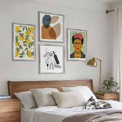 Zestaw obrazów dekoracyjnych cytryny, wino i portret Fridy