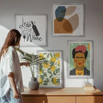 Zestaw obrazów dekoracyjnych cytryny, wino i portret Fridy