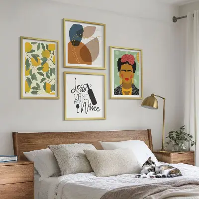 Zestaw obrazów dekoracyjnych cytryny, wino i portret Fridy
