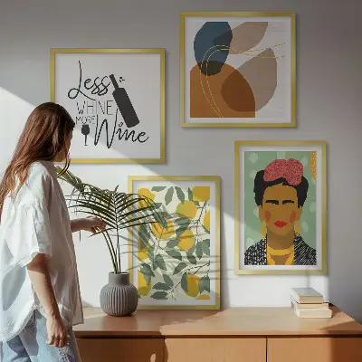 Zestaw obrazów dekoracyjnych cytryny, wino i portret Fridy