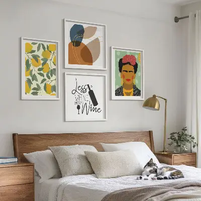 Zestaw obrazów dekoracyjnych cytryny, wino i portret Fridy