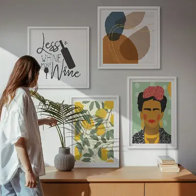 Zestaw obrazów dekoracyjnych cytryny, wino i portret Fridy