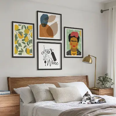Zestaw obrazów dekoracyjnych cytryny, wino i portret Fridy
