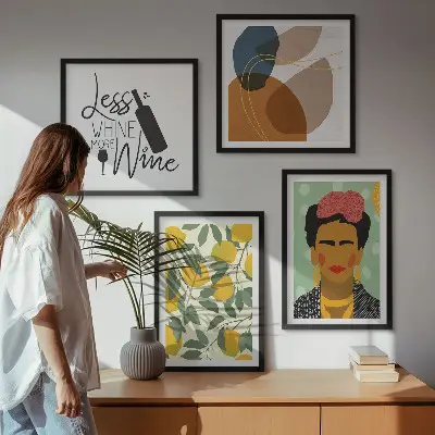 Zestaw obrazów dekoracyjnych cytryny, wino i portret Fridy