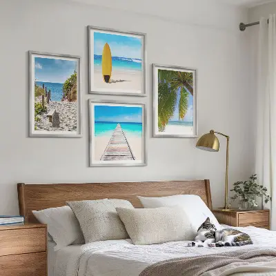 Zestaw obrazów dekoracyjnych wakacyjne widoki z plażą i palmami