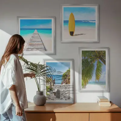 Zestaw obrazów dekoracyjnych wakacyjne widoki z plażą i palmami