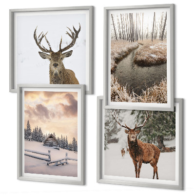 Zestaw 4 obrazów w ramie Zimowy krajobraz z jeleniem