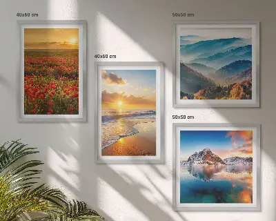 Zestaw 4 obrazów w ramie krajobrazy gór i morza o zachodzie słońca