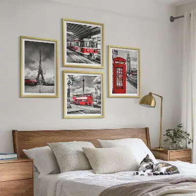 Zestaw 4 obrazów w ramie ikony Londynu, Paryża i kolei