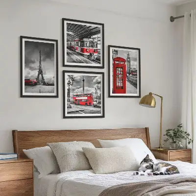Zestaw 4 obrazów w ramie ikony Londynu, Paryża i kolei