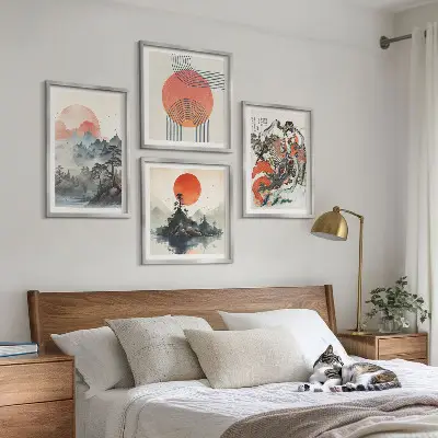 Azjatyckie pejzaże w stylu japandi poliptyk w ramie