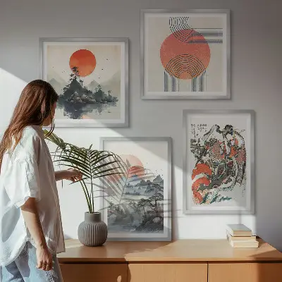 Azjatyckie pejzaże w stylu japandi poliptyk w ramie