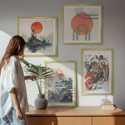 Azjatyckie pejzaże w stylu japandi poliptyk w ramie