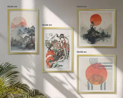 Azjatyckie pejzaże w stylu japandi poliptyk w ramie
