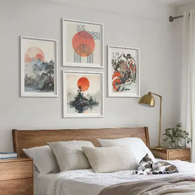 Azjatyckie pejzaże w stylu japandi poliptyk w ramie