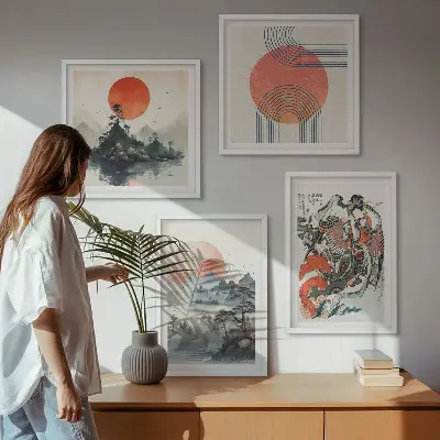 Azjatyckie pejzaże w stylu japandi poliptyk w ramie