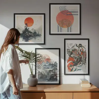 Azjatyckie pejzaże w stylu japandi poliptyk w ramie