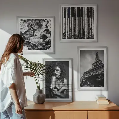 Zestaw obrazów dekoracyjnych portret kobiety z różą i wieżą Eiffla