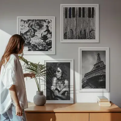 Zestaw obrazów dekoracyjnych portret kobiety z różą i wieżą Eiffla