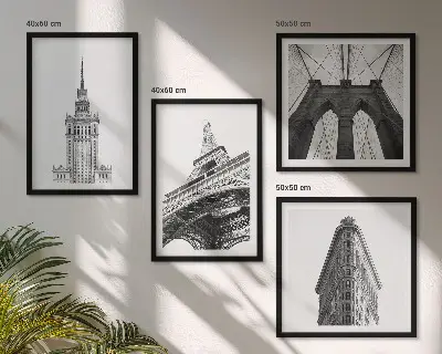 Zestaw obrazów dekoracyjnych z motywem minimalistycznej architektury w czerni i bieli