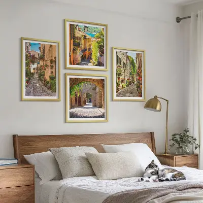 Zestaw 4 obrazów w ramie włoskie ulice z motywem kwiatów i architektury
