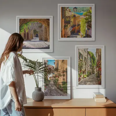 Zestaw 4 obrazów w ramie włoskie ulice z motywem kwiatów i architektury