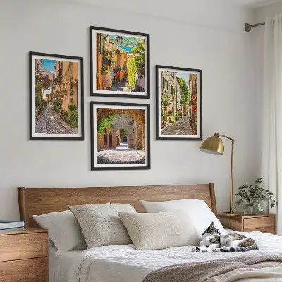 Zestaw 4 obrazów w ramie włoskie ulice z motywem kwiatów i architektury