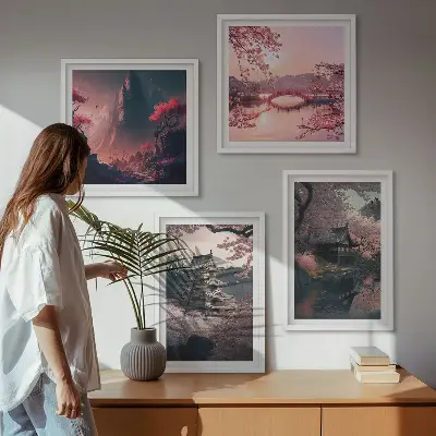 Krajobrazy Japonii fantasy zestaw 4 obrazów w ramie