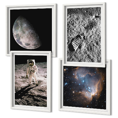 Zestaw 4 obrazów w ramie Astronauta Księżyc ślad zdjęcie