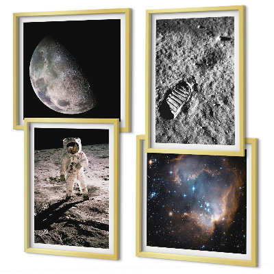 Zestaw 4 obrazów w ramie Astronauta Księżyc ślad zdjęcie