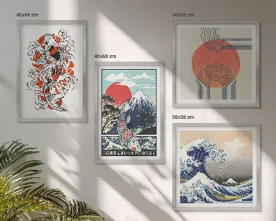 Poliptyk w ramie ilustracje przedstawiające góry ryby oraz fale w stylu japońskim