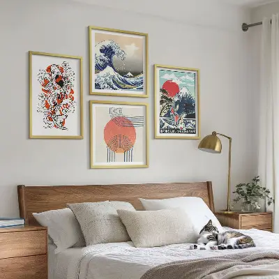 Poliptyk w ramie ilustracje przedstawiające góry ryby oraz fale w stylu japońskim