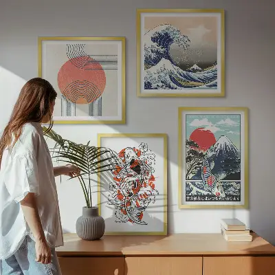 Poliptyk w ramie ilustracje przedstawiające góry ryby oraz fale w stylu japońskim