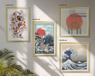 Poliptyk w ramie ilustracje przedstawiające góry ryby oraz fale w stylu japońskim