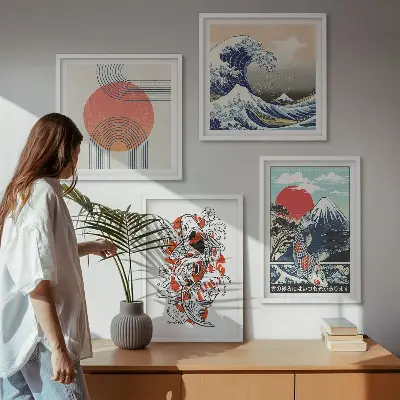 Poliptyk w ramie ilustracje przedstawiające góry ryby oraz fale w stylu japońskim