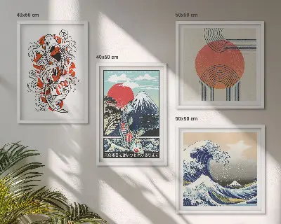 Poliptyk w ramie ilustracje przedstawiające góry ryby oraz fale w stylu japońskim