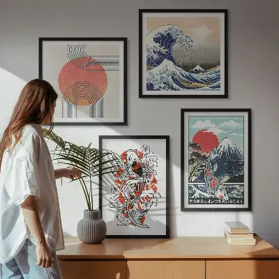 Poliptyk w ramie ilustracje przedstawiające góry ryby oraz fale w stylu japońskim