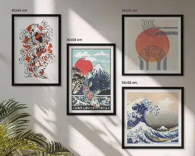 Poliptyk w ramie ilustracje przedstawiające góry ryby oraz fale w stylu japońskim