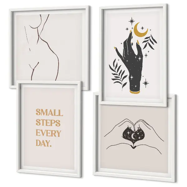 Zestaw 4 obrazów w ramie minimalistyczne ilustracje w stylu boho