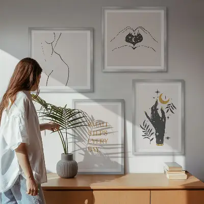 Zestaw 4 obrazów w ramie minimalistyczne ilustracje w stylu boho