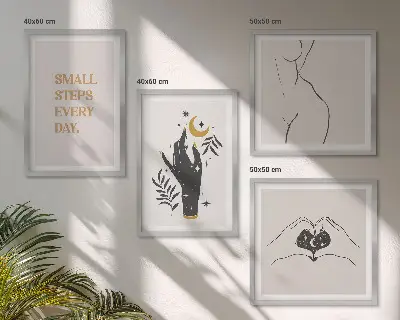 Zestaw 4 obrazów w ramie minimalistyczne ilustracje w stylu boho