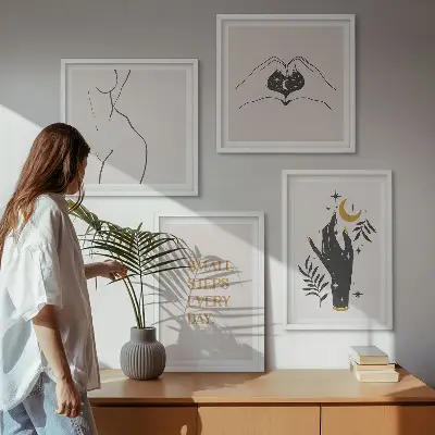 Zestaw 4 obrazów w ramie minimalistyczne ilustracje w stylu boho