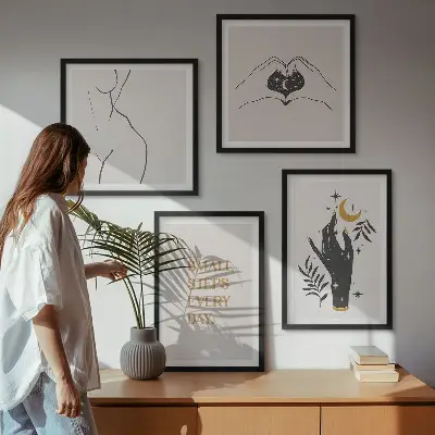 Zestaw 4 obrazów w ramie minimalistyczne ilustracje w stylu boho