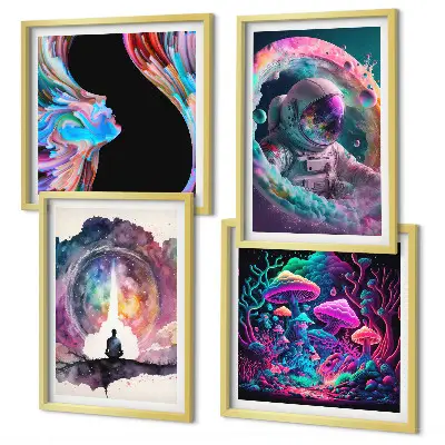 Zestaw 4 obrazów w ramie kolorowe ilustracje z motywem fantasy